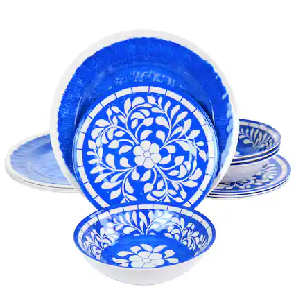 Front. Elama - Elama Nelly 12 Piece Melamine Dinnerware Set in Blue - Blue.