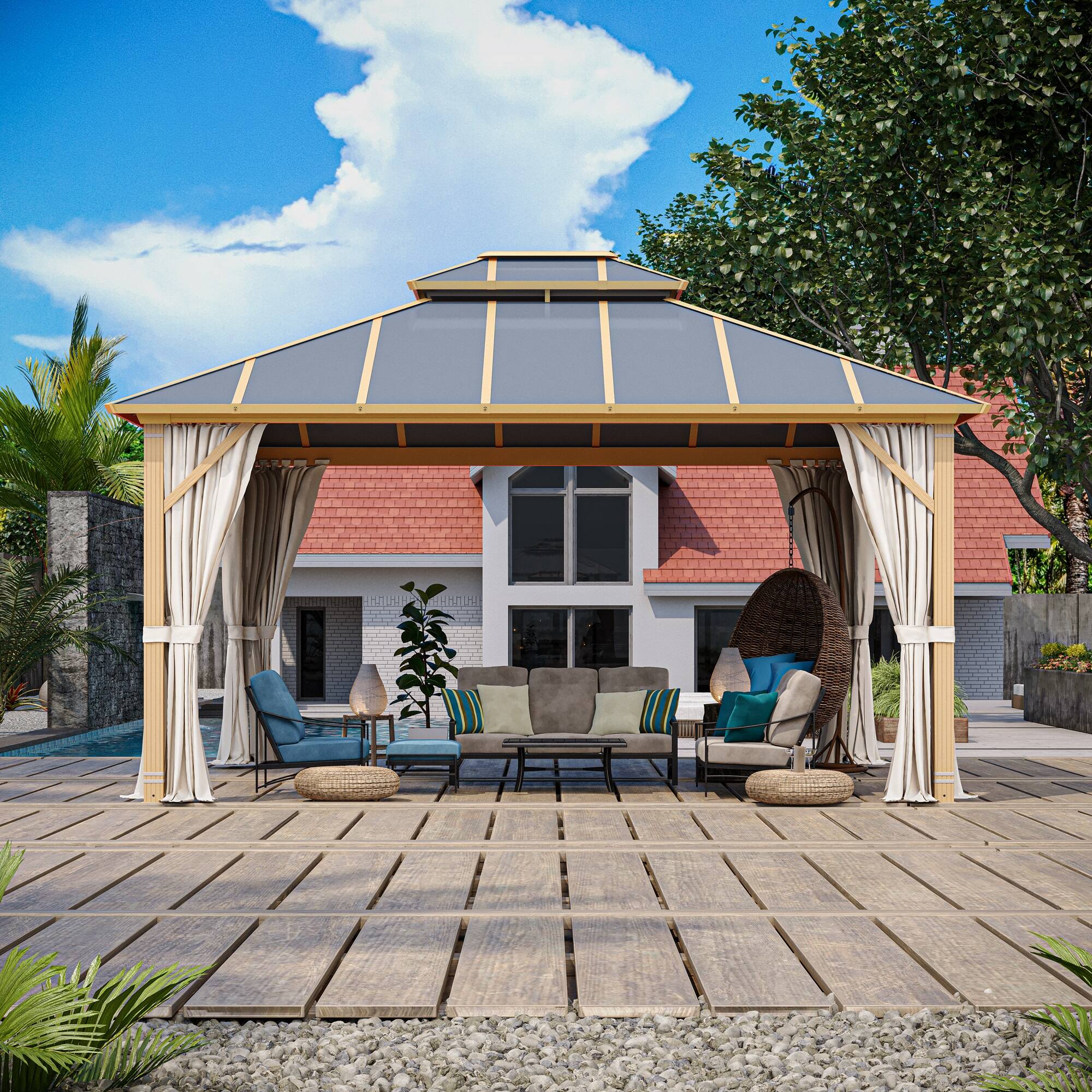 Left. U-HOMY - Waterproof Aluminum Hardtop Gazebo with Netting & Curtains for Patio and Garden, Dark Grey - 12' x 14'.