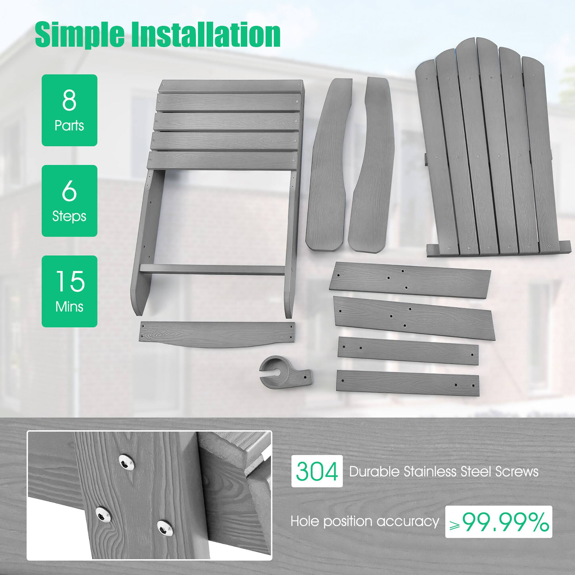 Simple Installation  
8 Parts  
6 Steps  
15 Mins  

304 Durable Stainless Steel Screws  
Hole position accuracy ≥99.99%