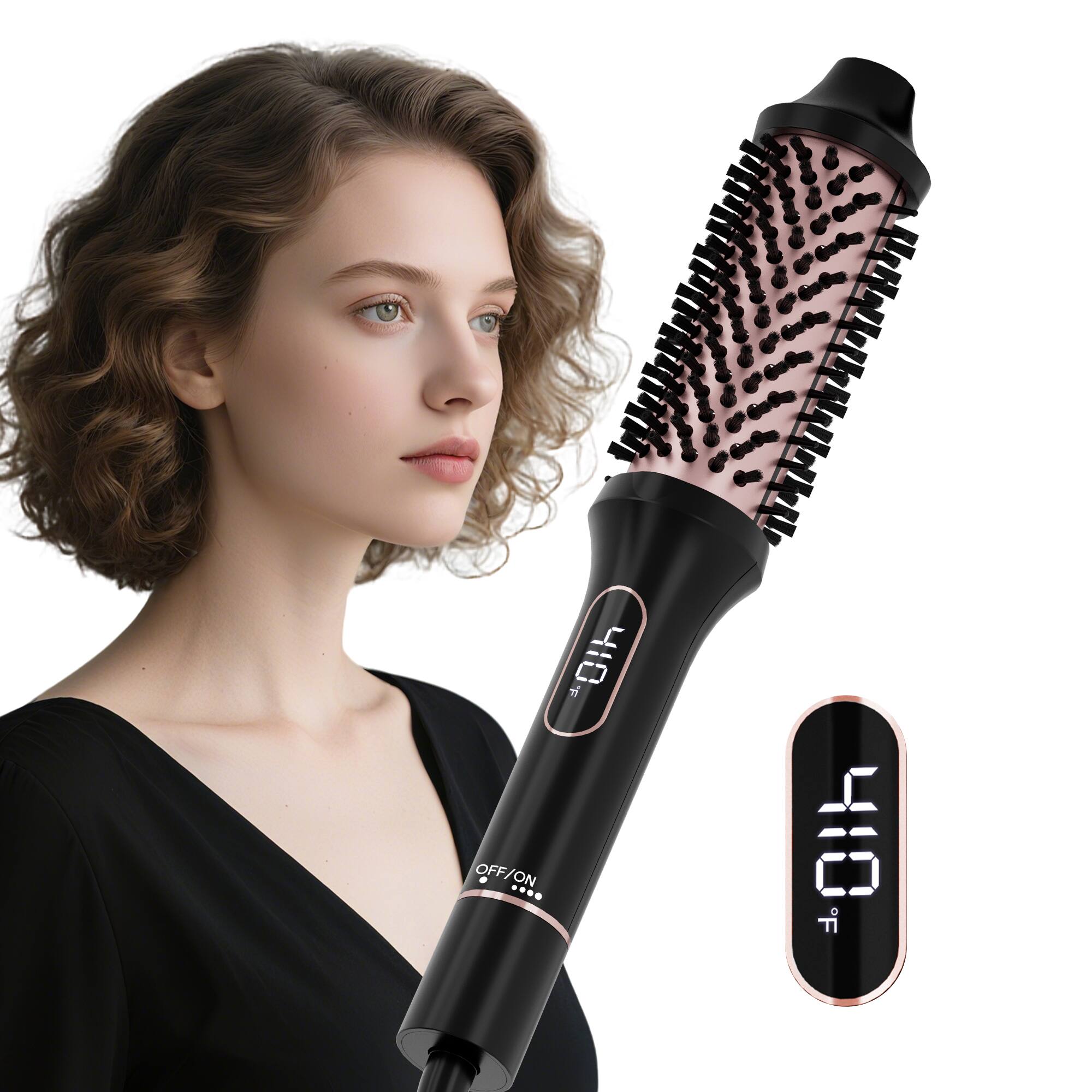 NICEBAY - Thermal Brush, Heated Round Brush, Curling Iron, 1.5 inch Electric Curl Wand, Curly Hair Brush - Black
