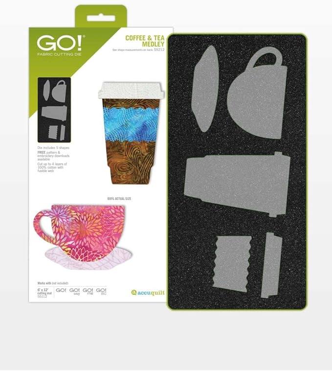 **GO! FABRIC CUTTING DIE**

**COFFEE & TEA MEDLEY**

- Die includes 5 shapes
- FREE pattern & embroidery downloads available at GO! Quilting.com
- Cut up to 4 layers of 100% cotton with non-stick surface
- 100% ACTUAL SIZE

**Works with GO! Fabric Cutting Mat 55112**

- See shape measurements online: 55212

**AccuQuilt**