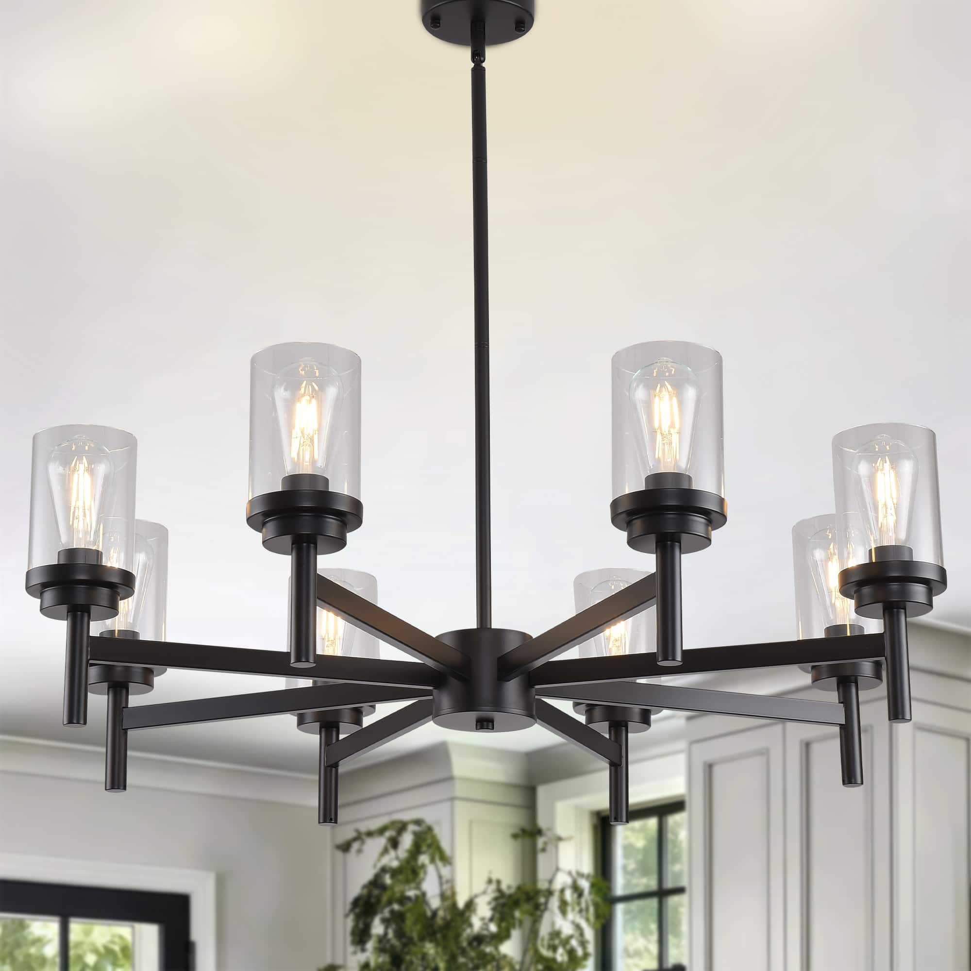 Front. RYHNUYNE - 8-Light Dining Room Light Fixtures Over Table,Black Farmhouse Glass Chandelier,Industrial Lighting for Living Room Foyer - Black.