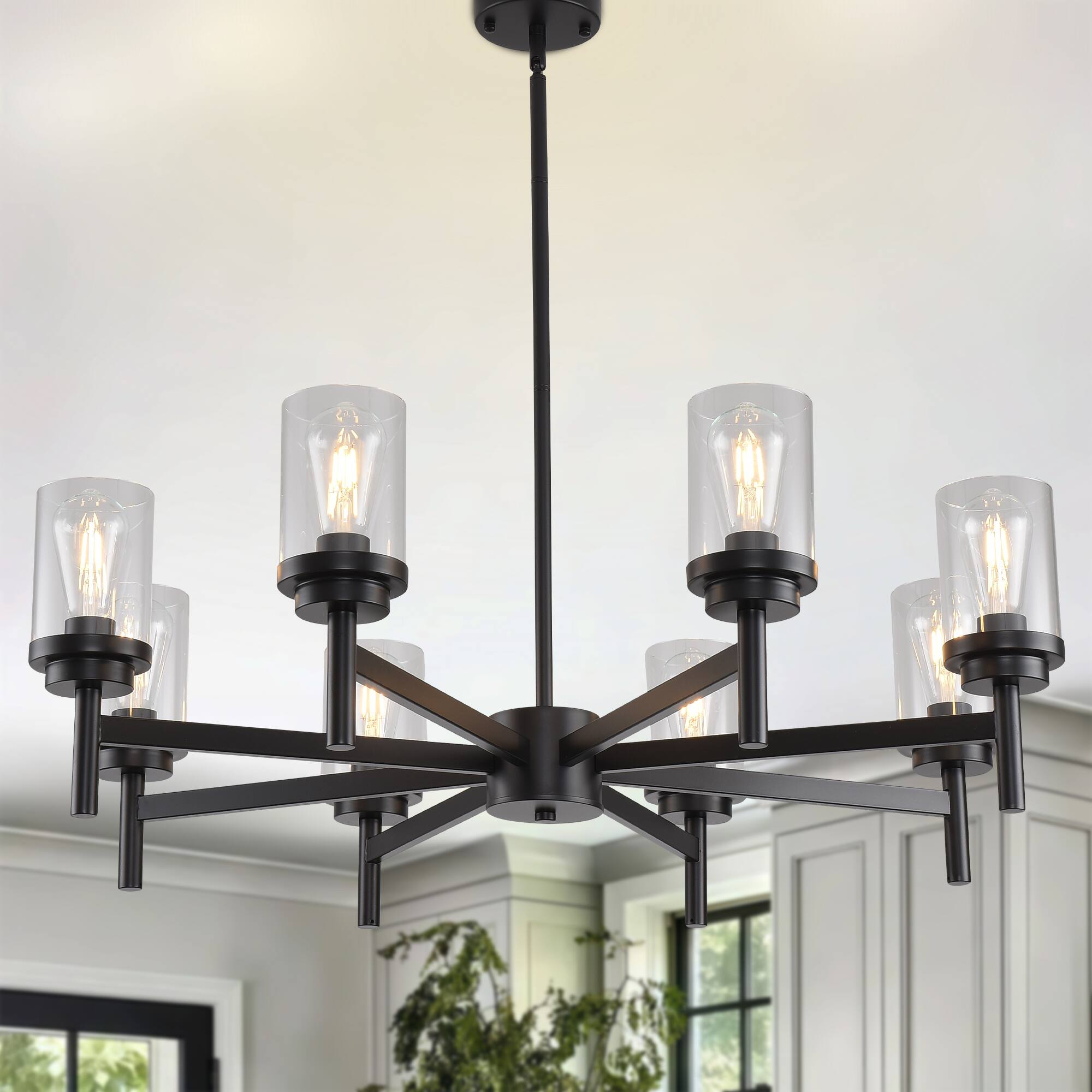Front. RYHNUYNE - 8-Light Dining Room Light Fixtures Over Table,Black Farmhouse Glass Chandelier,Industrial Lighting for Living Room Foyer - Black.