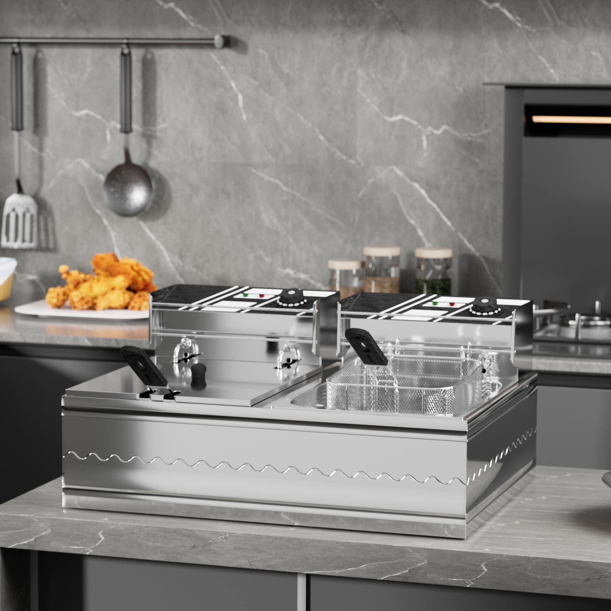 Tiramisubest - 22.8QT Electric Fryer with 2 Baskets & Lids,Countertop Deep Fryer with Temperature Control,Stainless Steel Double Fryer - Silver