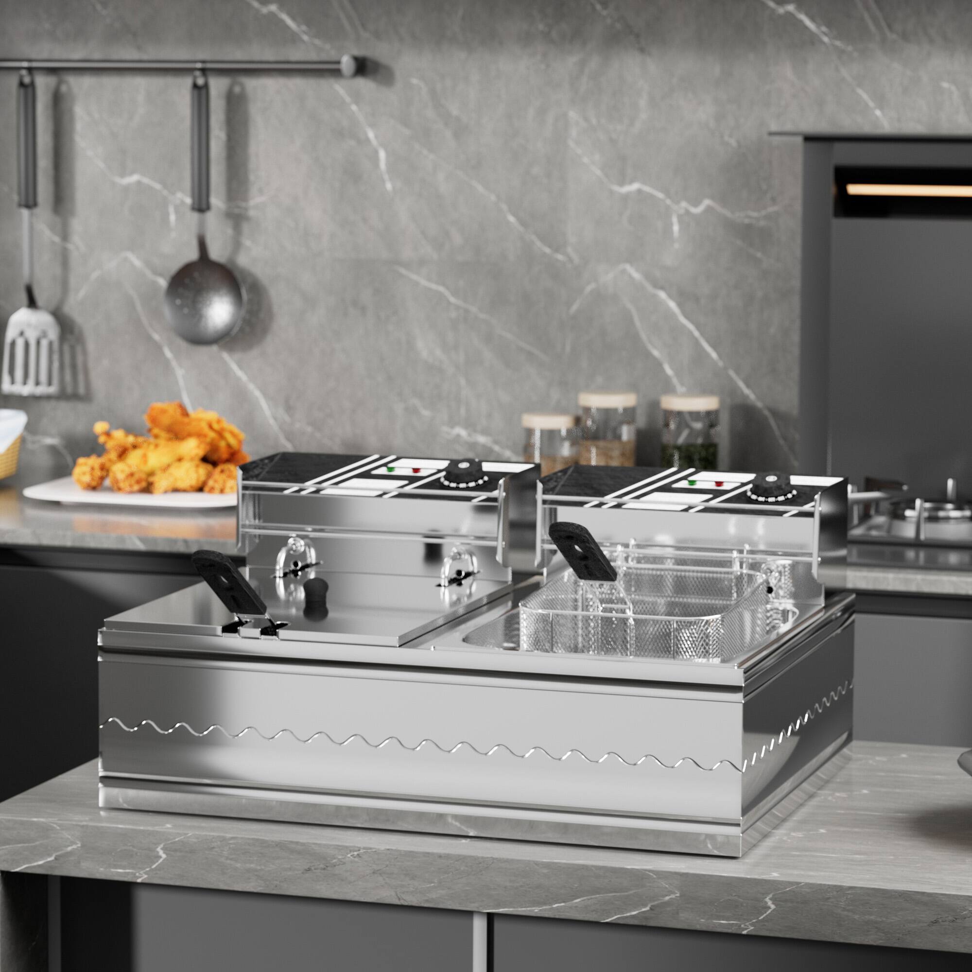 Front. Tiramisubest - 22.8QT Electric Fryer with 2 Baskets & Lids,Countertop Deep Fryer with Temperature Control,Stainless Steel Double Fryer - Silver.