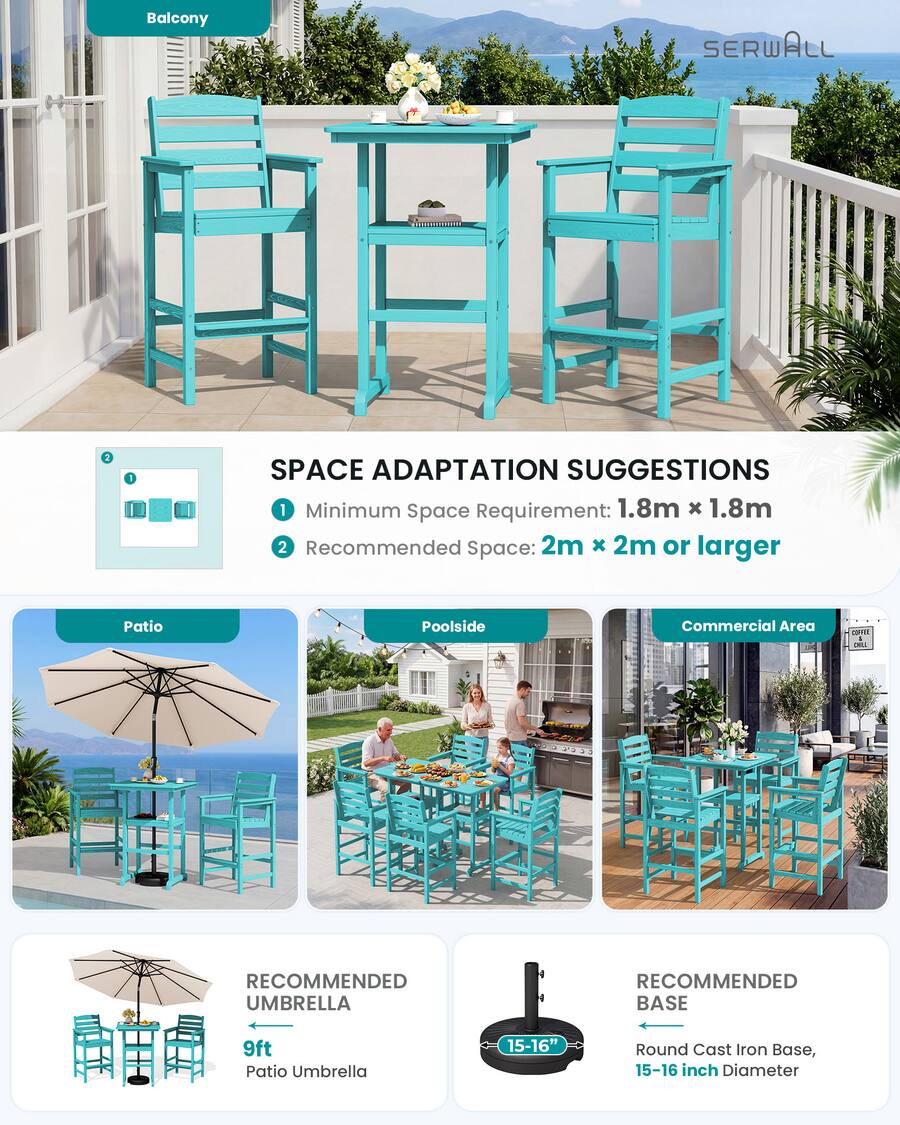 Adirondack Rounds SERWALL 3 Pieces HDPE Bar Height Chairs and Table Set, Tall Adirondack ...