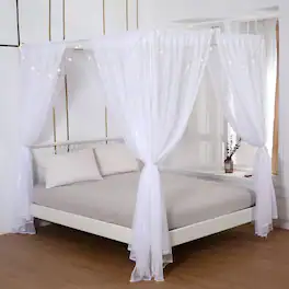 PO3TICJUNKI3 - Princess Bed Curtains Set Sheer Curtain For Full Drapes 8 Panels Canopies With Light Room Decortwin - White-King