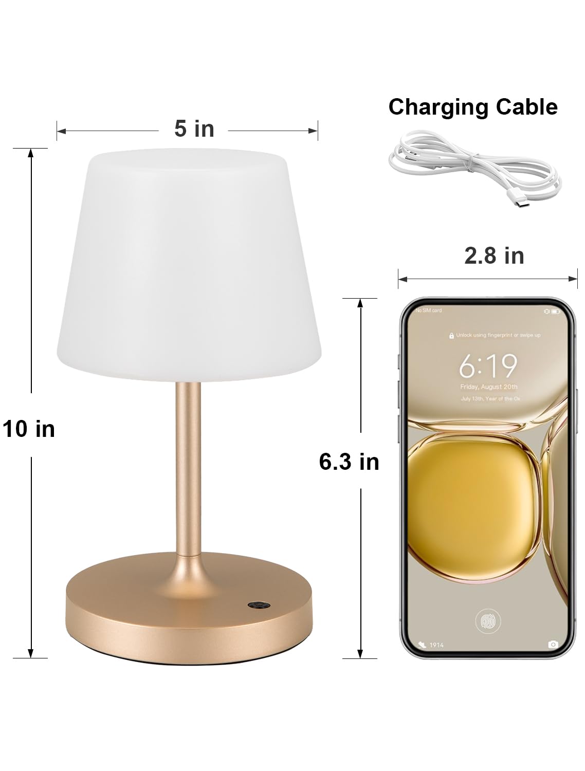 - 5 in
- 10 in
- 6.3 in
- 2.8 in

- Charging Cable

- Unlock using fingerprint or swipe up
- 6:19
- Friday, August 20th
- July 13th, Year of the Ox
- 1914