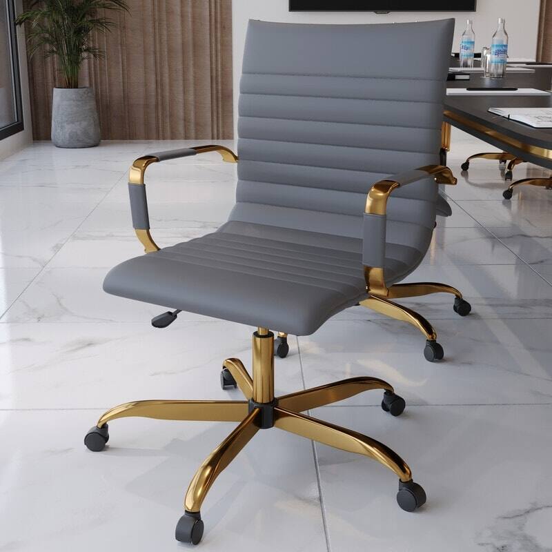 Angle. LeisureMod - Harris Mid-Back Office Chair, Leather Upholstery with Gold Metal Frame Modern Armless Desk Chair for Conference Seating - Grey.