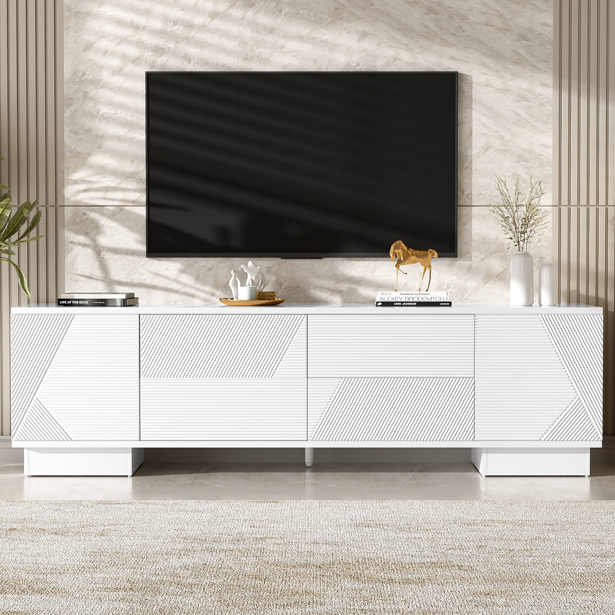 Front. TinyHomie - 70.8in Modern TV Stand for TVs up to 75 Inches Entertainment Center with Storage Cabinets 4 Drawers and a Metal Leg - White.