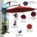 The image features a red umbrella with several labels explaining its various features. The umbrella has a 360-degree rotatable joint, an automatically charge solar panel, a vertical tilt adjuster, a convenient light switch, and eight sturdy and rustproof steel ribs. The umbrella also has a sturdy and durable aluminum pole and is waterproof and quick-drying. Additionally, it has a crank handle with a simple operation.