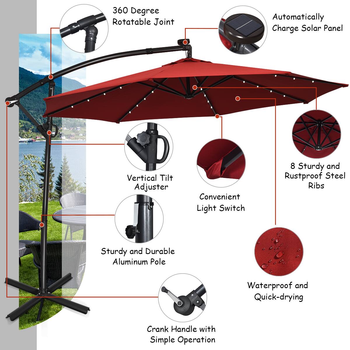 The image features a red umbrella with several labels explaining its various features. The umbrella has a 360-degree rotatable joint, an automatically charge solar panel, a vertical tilt adjuster, a convenient light switch, and eight sturdy and rustproof steel ribs. The umbrella also has a sturdy and durable aluminum pole and is waterproof and quick-drying. Additionally, it has a crank handle with a simple operation.