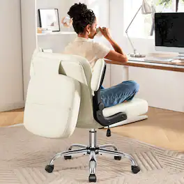 Brick Attic - Criss Cross Office Chair with 2-in-1 Flip Backrest, Ergonomic PU Leather Floor Sitting Chair, 360° Swivel Flip-Up Arms - White