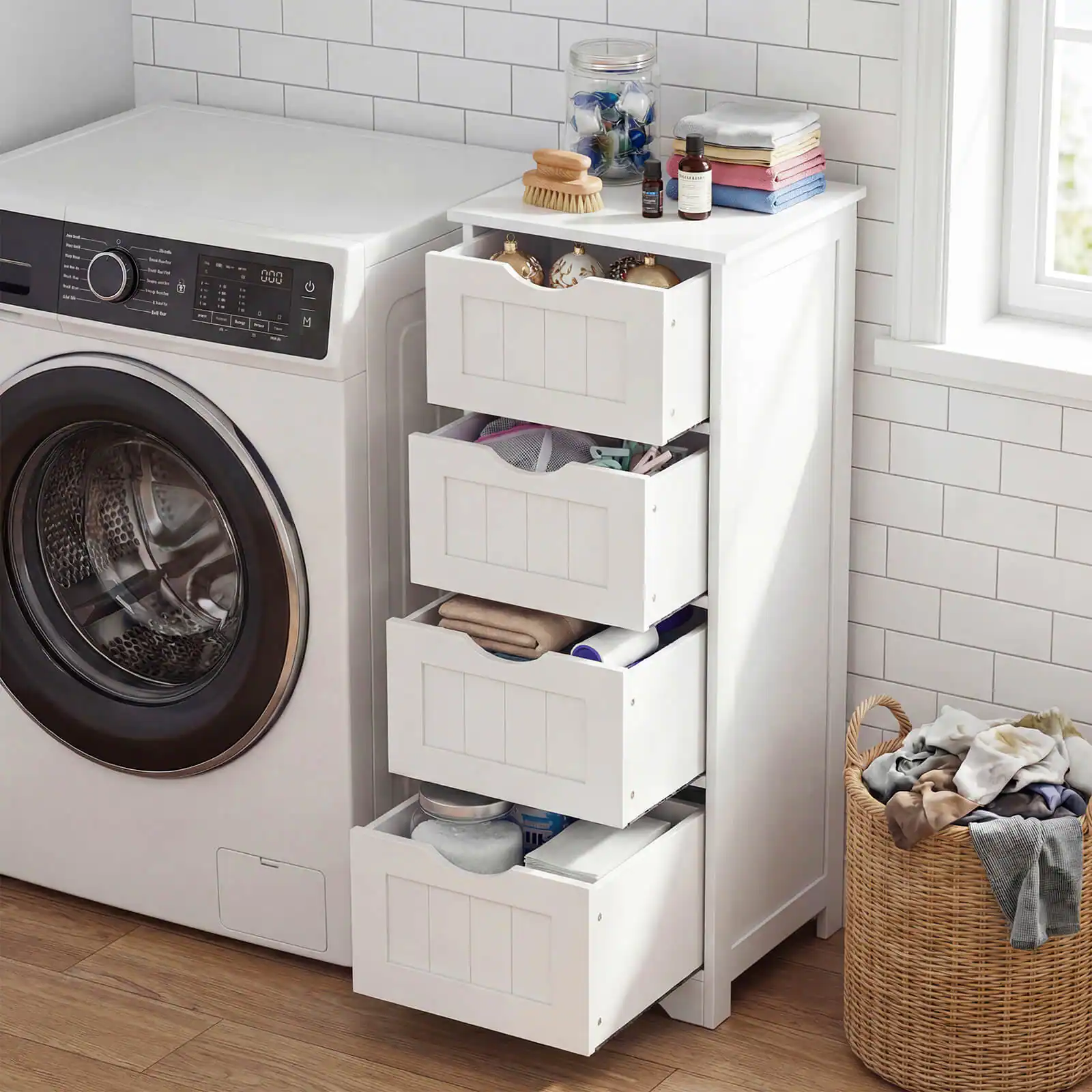 Alt View 3. Costway - Costway 32.5" Bathroom Floor Cabinet with Anti-tipping Device Freestanding Towel Cabinet - White.
