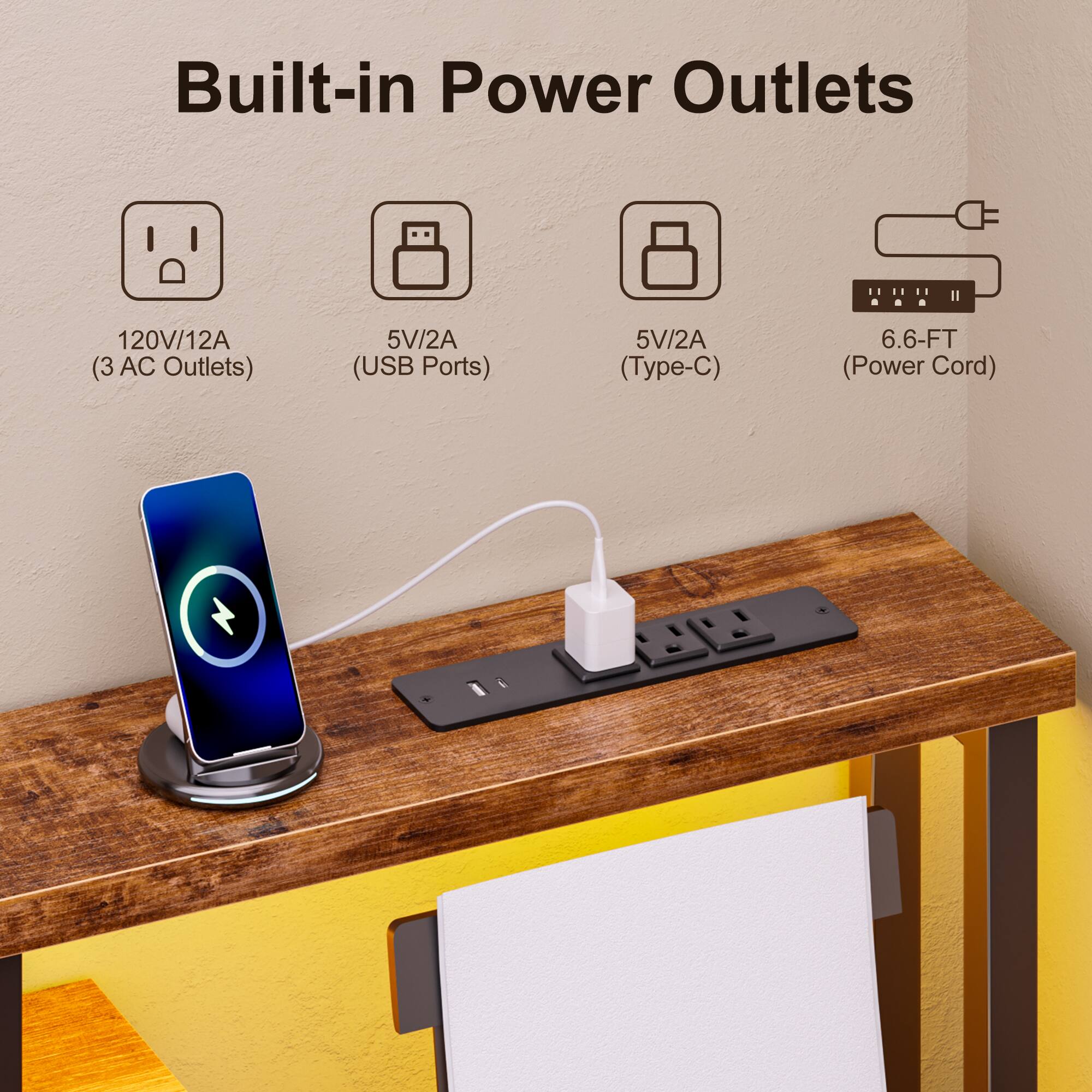 Built-in Power Outlets

- 120V/12A (3 AC Outlets)
- 5V/2A (USB Ports)
- 5V/2A (Type-C)
- 6.6-FT (Power Cord)
