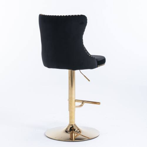 Back. LUCKY ONE - Assembled Adjustable Height Swivel Bar Stool Set of 2 Velvet Tufted with Golden Metal Base - Black.