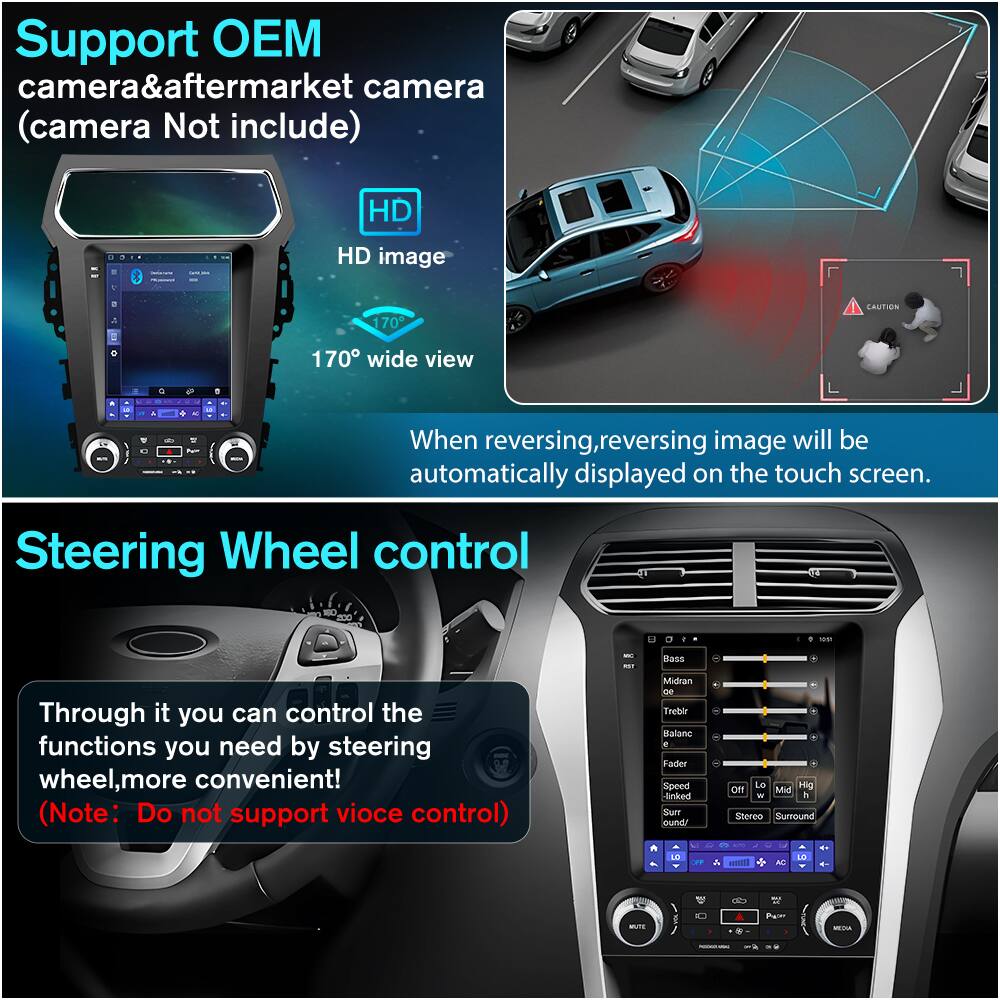 Support OEM camera & aftermarket camera (camera Not include)  
HD image  
170° wide view  

When reversing, reversing image will be automatically displayed on the touch screen.  

Steering Wheel control  
Through it you can control the functions you need by steering wheel, more convenient!  
(Note: Do not support voice control)  

Midran  
Treble  
Bass  
Fader  
Speed  
Sound  
Off  
Lo  
Mid  
Hi  
Stereo  
Surround  
MUTE