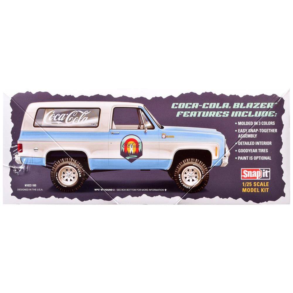 COCA-COLA BLAZER FEATURES INCLUDE:  
- MOLDED IN 3 COLORS  
- EASY SNAP-TOGETHER ASSEMBLY  
- DETAILED INTERIOR  
- GOODYEAR TIRES  
- PAINT IS OPTIONAL  

Snap it  
1/25 SCALE MODEL KIT  

M1027-100  
DESIGNED IN THE U.S.A.  
MPC BY ROUND 2 - SEE BOX BOTTOM FOR MORE INFORMATION
