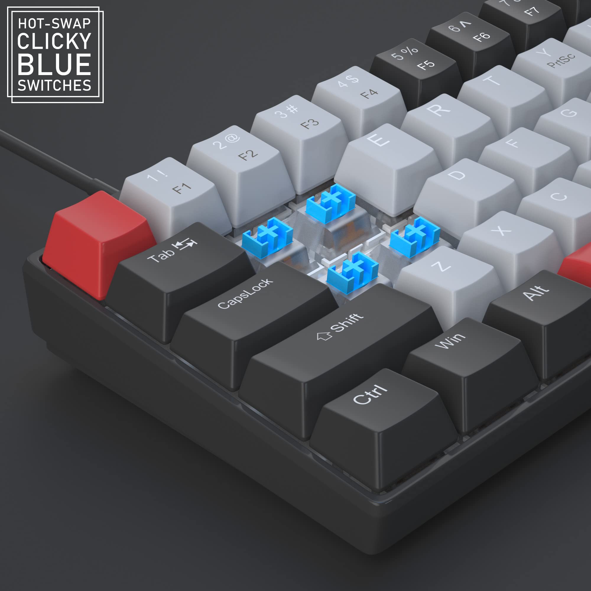HOT-SWAP CLICKY BLUE SWITCHES

F1 1!
F2 2@
F3 3#
F4 4$
F5 5%
F6 6^
F7 7&
Tab
CapsLock
Shift
Ctrl
Win
Alt
Z
X
C
V
B
N
M
CapsLock
Ctrl
Shift
Win
Alt