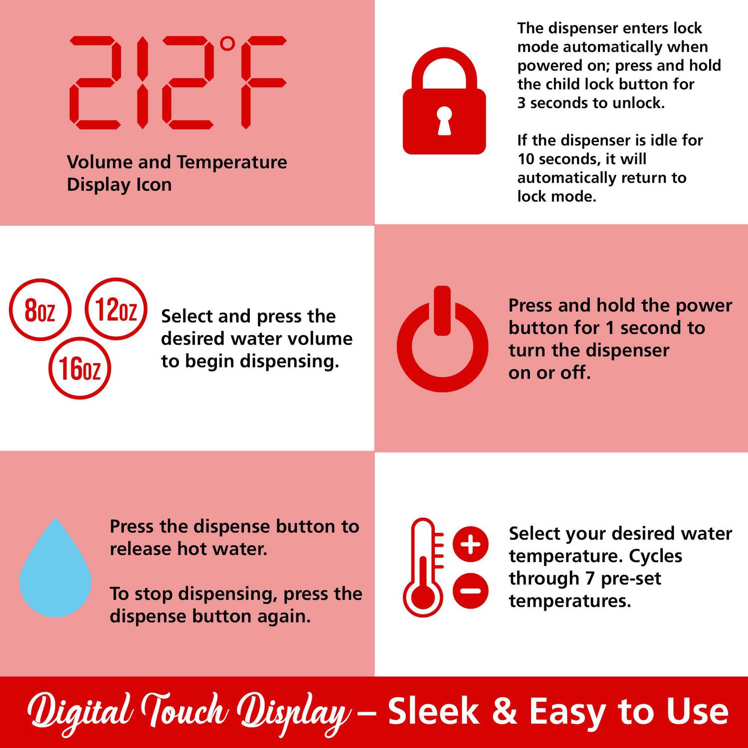 212°F

Volume and Temperature Display Icon

The dispenser enters lock mode automatically when powered on; press and hold the child lock button for 3 seconds to unlock. If the dispenser is idle for 10 seconds, it will automatically return to lock mode.

8oz 12oz 16oz

Select and press the desired water volume to begin dispensing.

Press and hold the power button for 1 second to turn the dispenser on or off.

Press the dispense button to release hot water. To stop dispensing, press the dispense button again.

Select your desired water temperature. Cycles through 7 pre-set temperatures.

Digital Touch Display - Sleek & Easy to Use