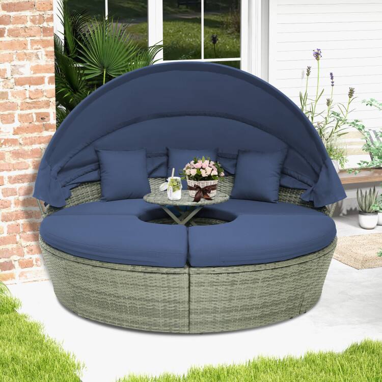 Back. SlickBlue - Patio Round Wicker Daybed with Canopy and Cushions for Outdoor Relaxation - Navy.