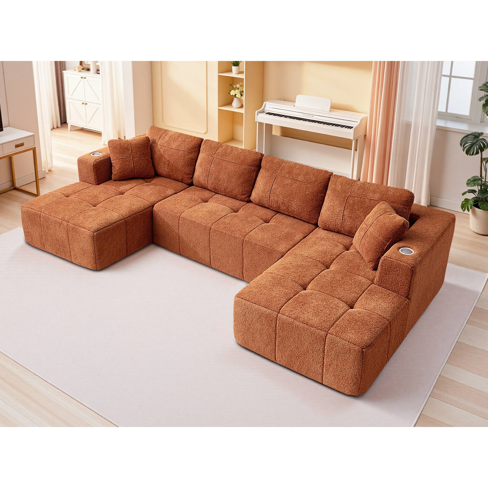 Left. Brick Attic - 136" U-Shaped Modular Tufted Sectional Sofa, Modern Cloud Couch 3-Piece Upholstered Design for Living Room - Reddish Brown.
