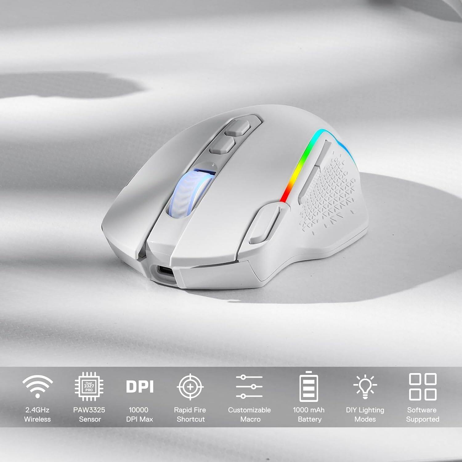 WOT 3327 PRO  
2.4GHz Wireless  
PAW3325 Sensor  
10000 DPI Max  
Rapid Fire Shortcut  
Customizable Macro  
1000 mAh Battery  
DIY Lighting Modes  
Software Supported