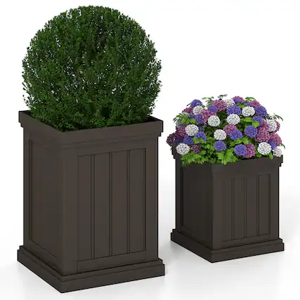 Front. Gymax - Gymax 19'' Square Plastic Planters Set of 2 w/ Drainage Holes & Nesting Design - Brown.