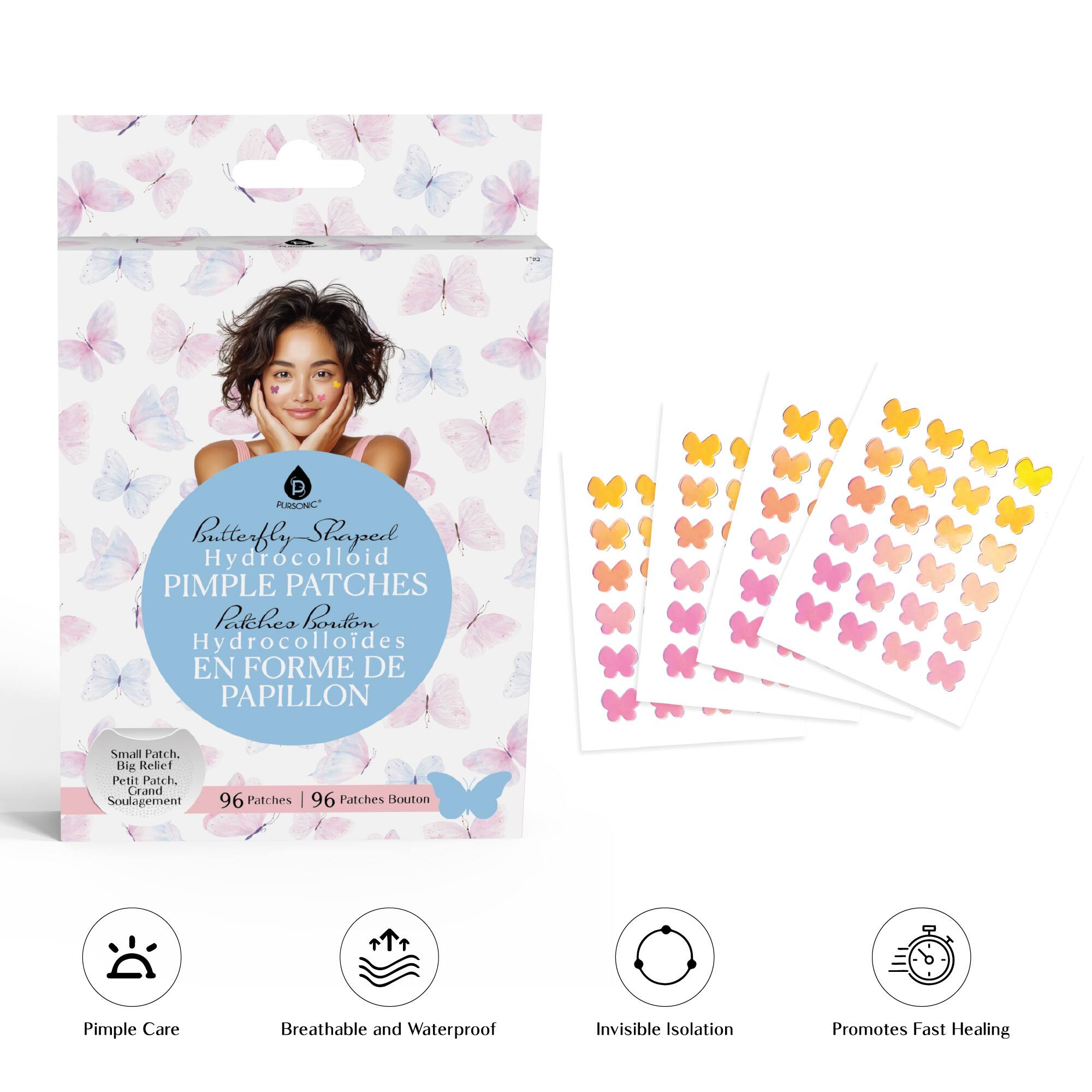 PURDONIC Butterfly Shaped Hydrocolloid PIMPLE PATCHES Patchco Bouton H Hydrocollodes EN FORME DE PAPILLON Small Patch. Big Relief Petit Patch. Grand Soulagement 96 Patches | 96 Patches Bouton Pimple Care Breathable and Waterproof Invisible Isolation Promotes Fast Healing