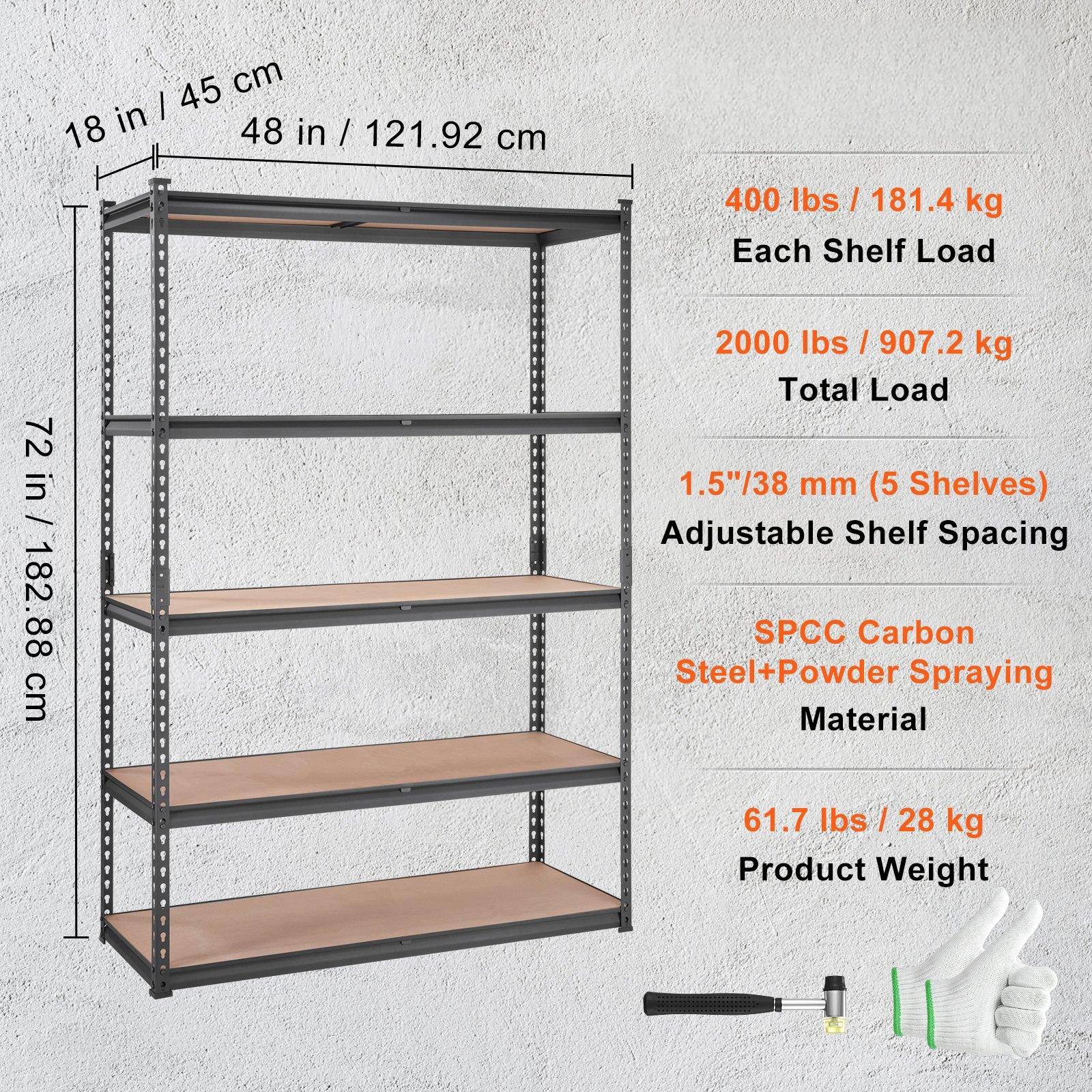 - **Dimensions:**
  - Width: 18 in / 45 cm
  - Height: 72 in / 182.88 cm
  - Depth: 48 in / 121.92 cm

- **Load Capacity:**
  - Each Shelf Load: 400 lbs / 181.4 kg
  - Total Load: 2000 lbs / 907.2 kg

- **Shelf Spacing:**
  - Adjustable Shelf Spacing: 1.5"/38 mm (5 Shelves)

- **Material:**
  - SPCC Carbon Steel + Powder Spraying

- **Product Weight:**
  - 61.7 lbs / 28 kg
