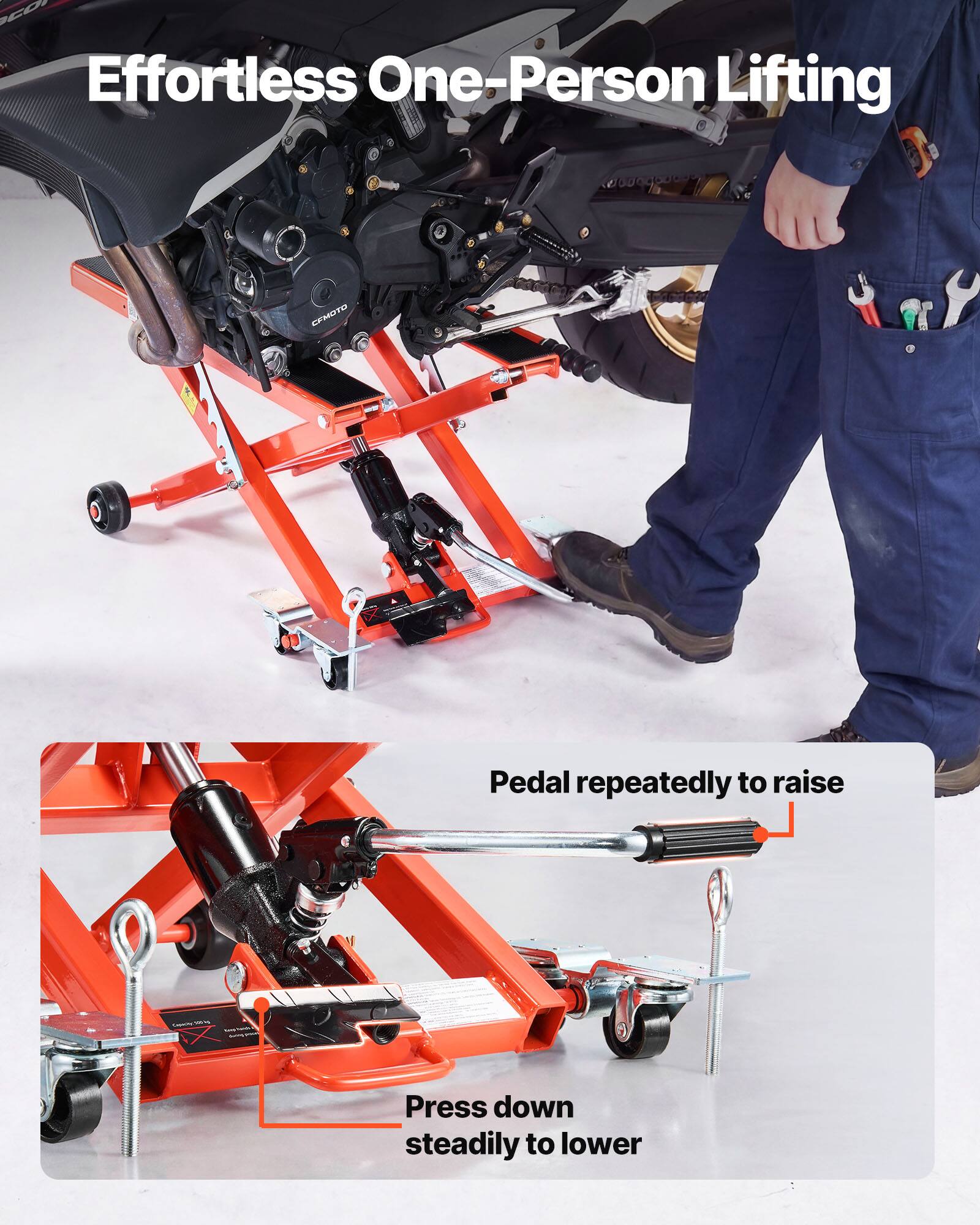 Effortless One-Person Lifting

Pedal repeatedly to raise

Press down steadily to lower