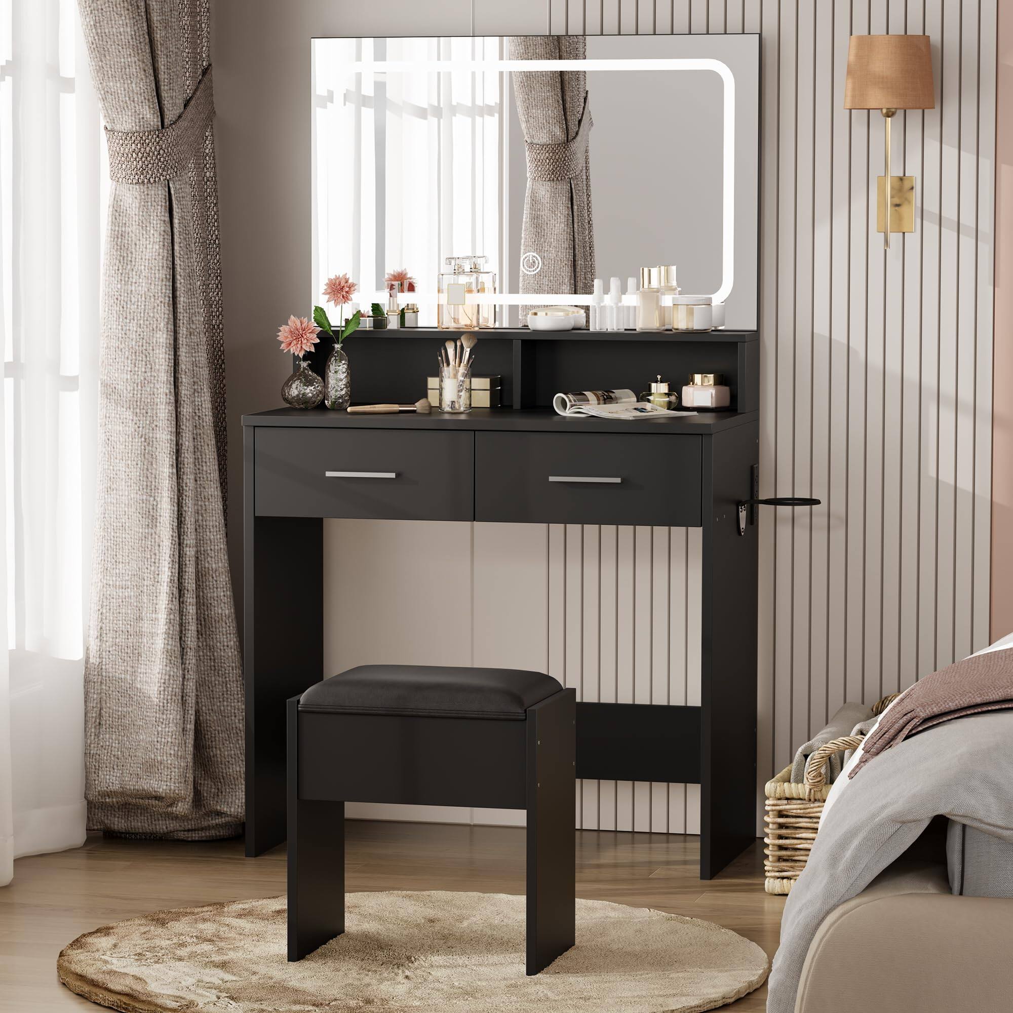 Alt View 3. Jojoka - Vanity Desk with Lighted Mirror & Stool, Makeup Table with Power Outlet, 2 Drawers & 3-Mode Adjustable LED - Black.