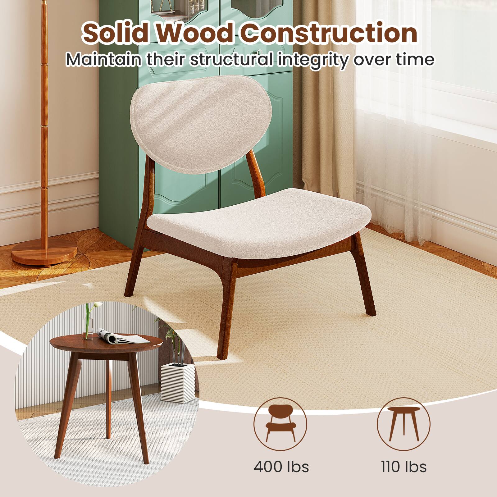 Solid Wood Construction  
Maintain their structural integrity over time  

400 lbs  
110 lbs