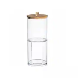 Elle - Acrylic Q-tip Dispenser and Cotton Pad Holder with Bamboo Lid, 2 Tier Nonslip Bathroom Organizer Jar Vanity Storage - Clear/Natural Bamboo