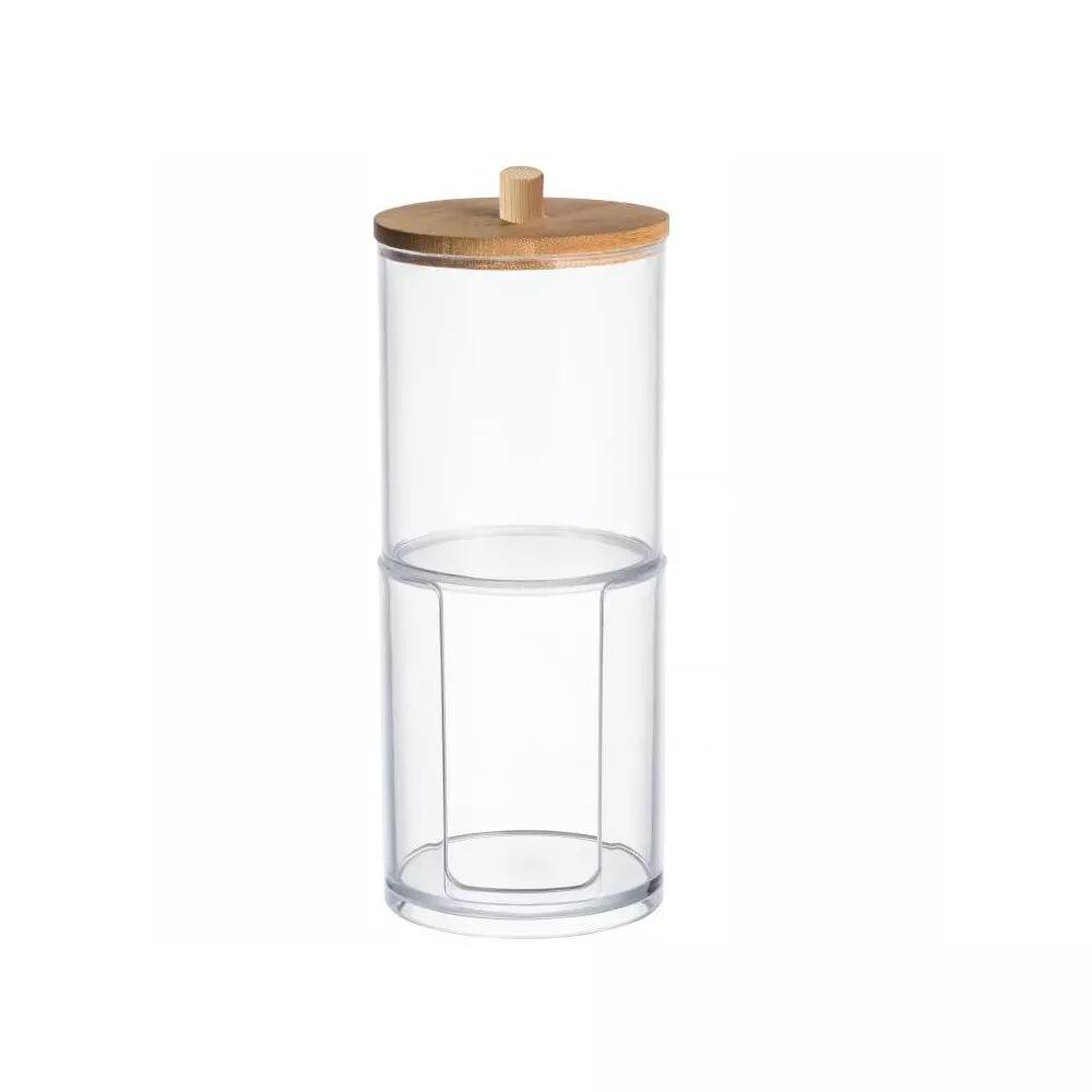 Front. Elle - Acrylic Q-tip Dispenser and Cotton Pad Holder with Bamboo Lid, 2 Tier Nonslip Bathroom Organizer Jar Vanity Storage - Clear/Natural Bamboo.