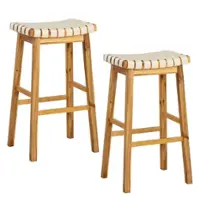 Costway - Woven Saddle Stools Set of 2 31" Faux PU Leather Bar Height Kitchen Stool - Beige&Natural - Front_Zoom