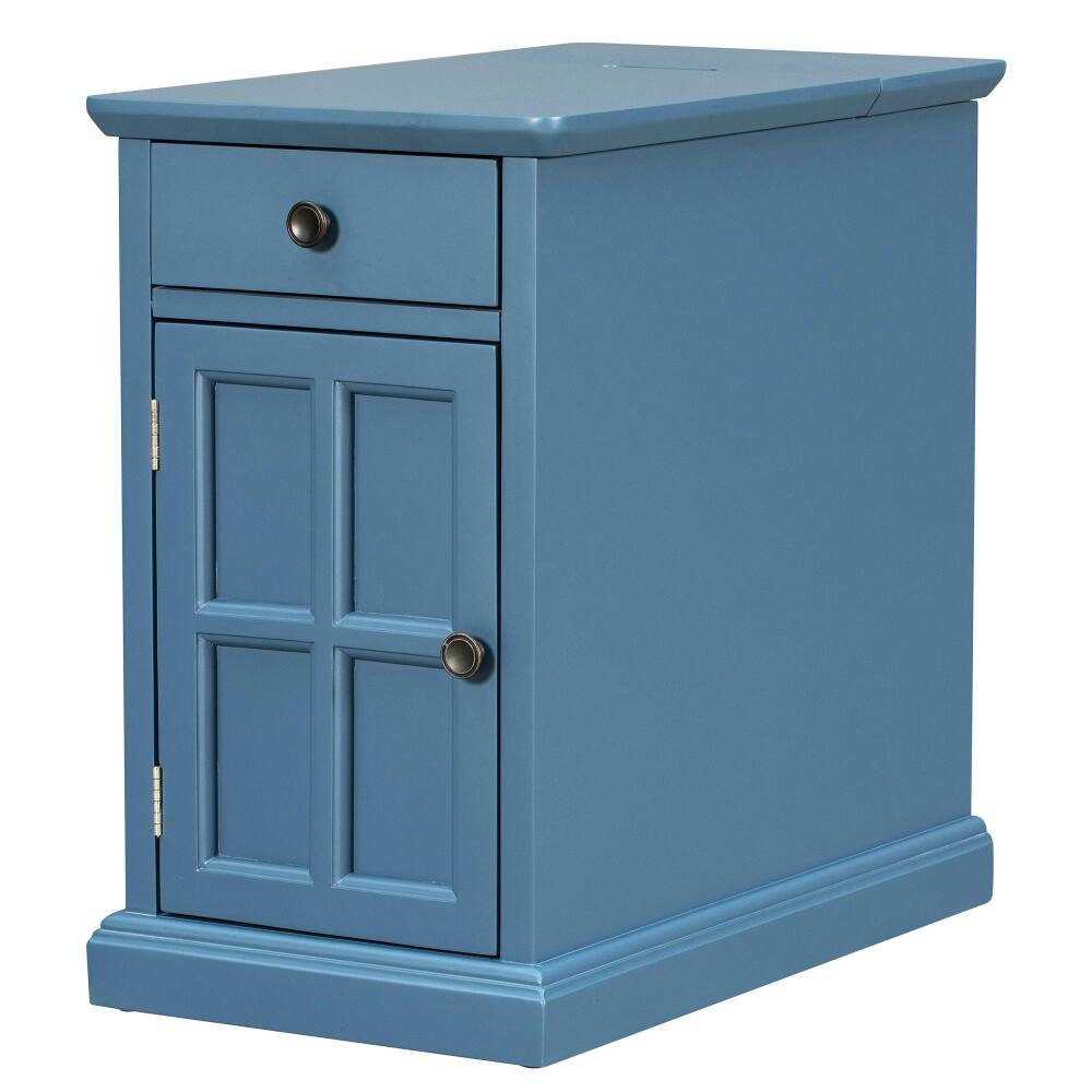 Alt View 4. Loheer - Loheer Vintage End Table Antique Navy Side Table with USB Ports Cup Holders Storage Drawer Solid Wood Base - Antique Navy.