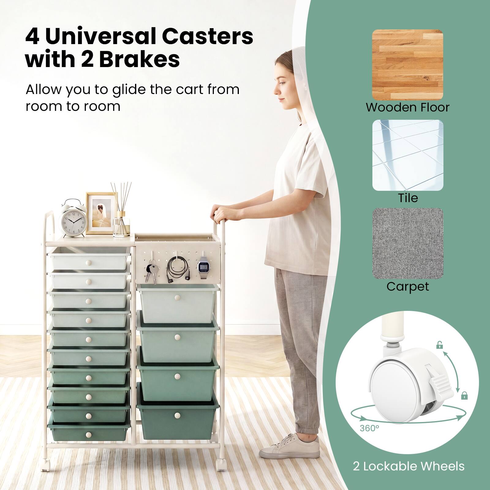 4 Universal Casters with 2 Brakes  
Allow you to glide the cart from room to room  

Wooden Floor  
Tile  
Carpet  

2 Lockable Wheels