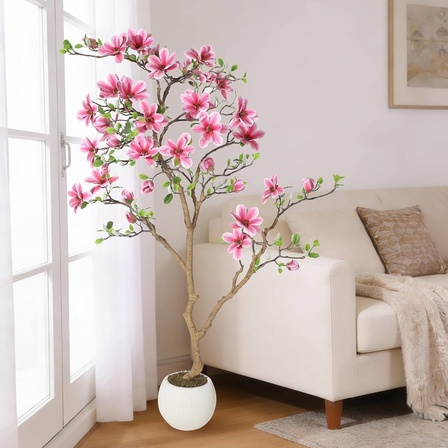 Front. Homhougo - Artificial Magnolia Tree 5FT with Pink Flowers, Faux Indoor Outdoor Potted Tree for Home Hotel Office - Green.