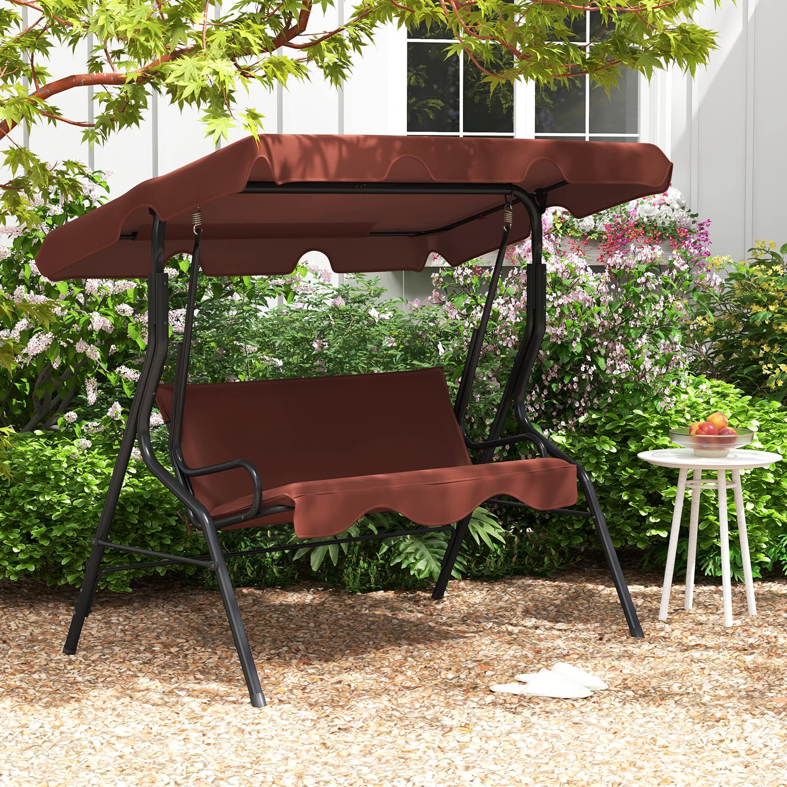 Costway - 3 Seats Patio Canopy Swing Glider Hammock Cushioned Steel Frame Backyard - Coffee