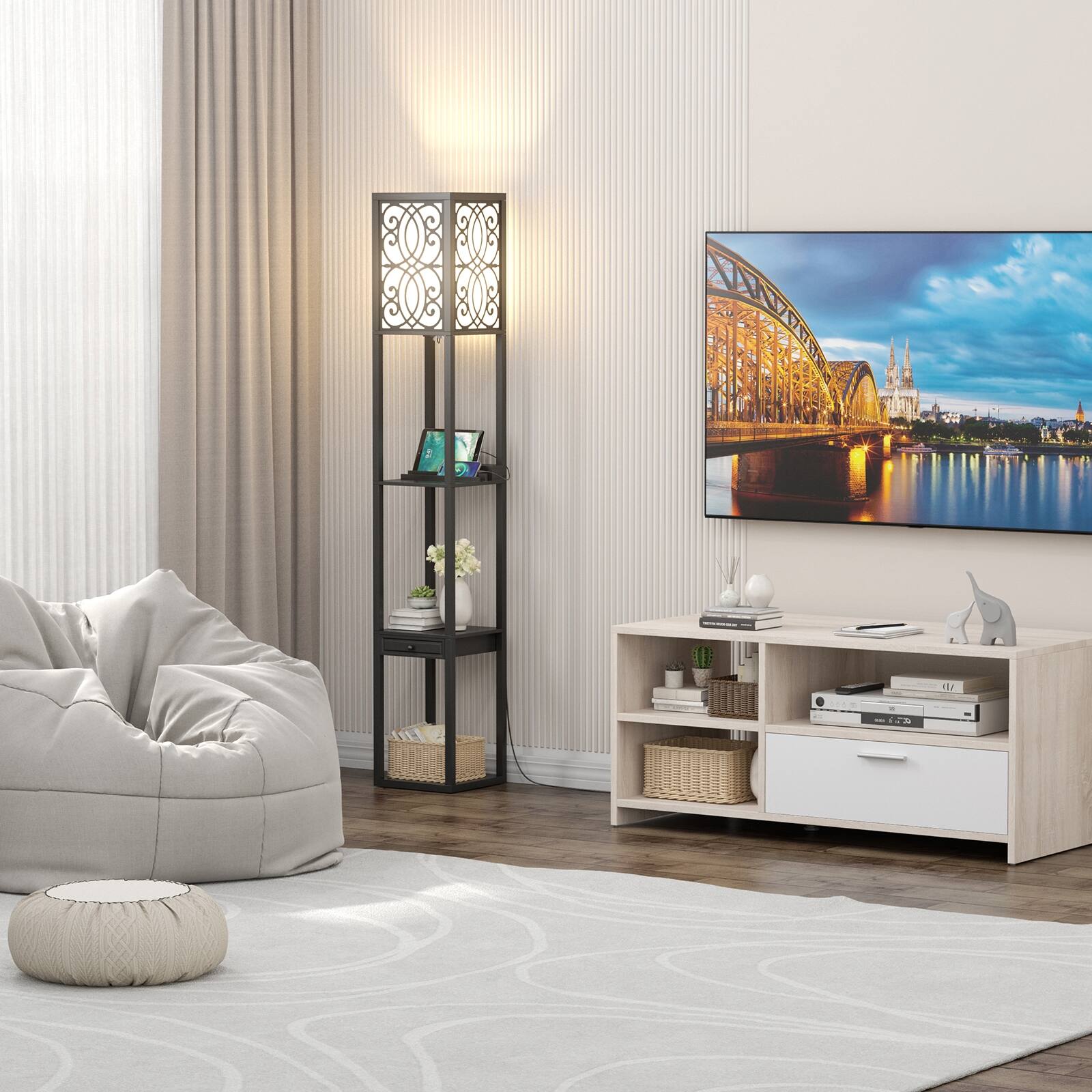 Alt View 10. Ecooso - Shelf Floor Lamp with Outlet and USB Ports, Freestanding Lamp with Charging Station for Bedroom.