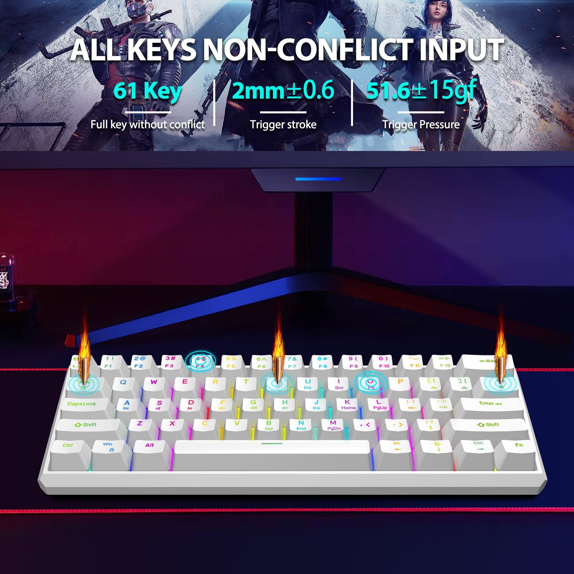 ALL KEYS NON-CONFLICT INPUT

61 Key  
Full key without conflict

2mm ±0.6  
Trigger stroke

51.6 ± 15gf  
Trigger Pressure