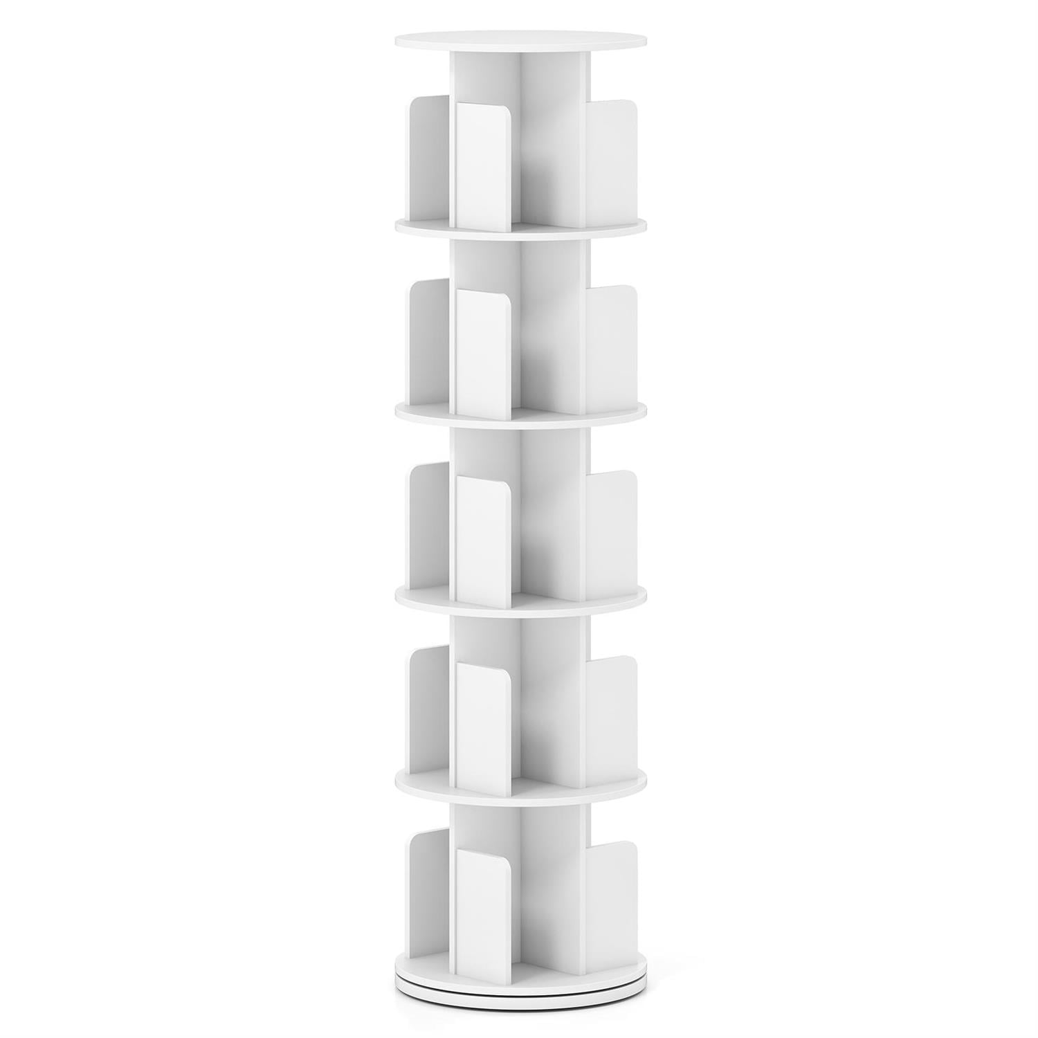 Back. Pefilos - 5-Tier Rotating Bookshelf - 360° Display Anti-Fall, Dividers Non-Skid Pads, White - White.
