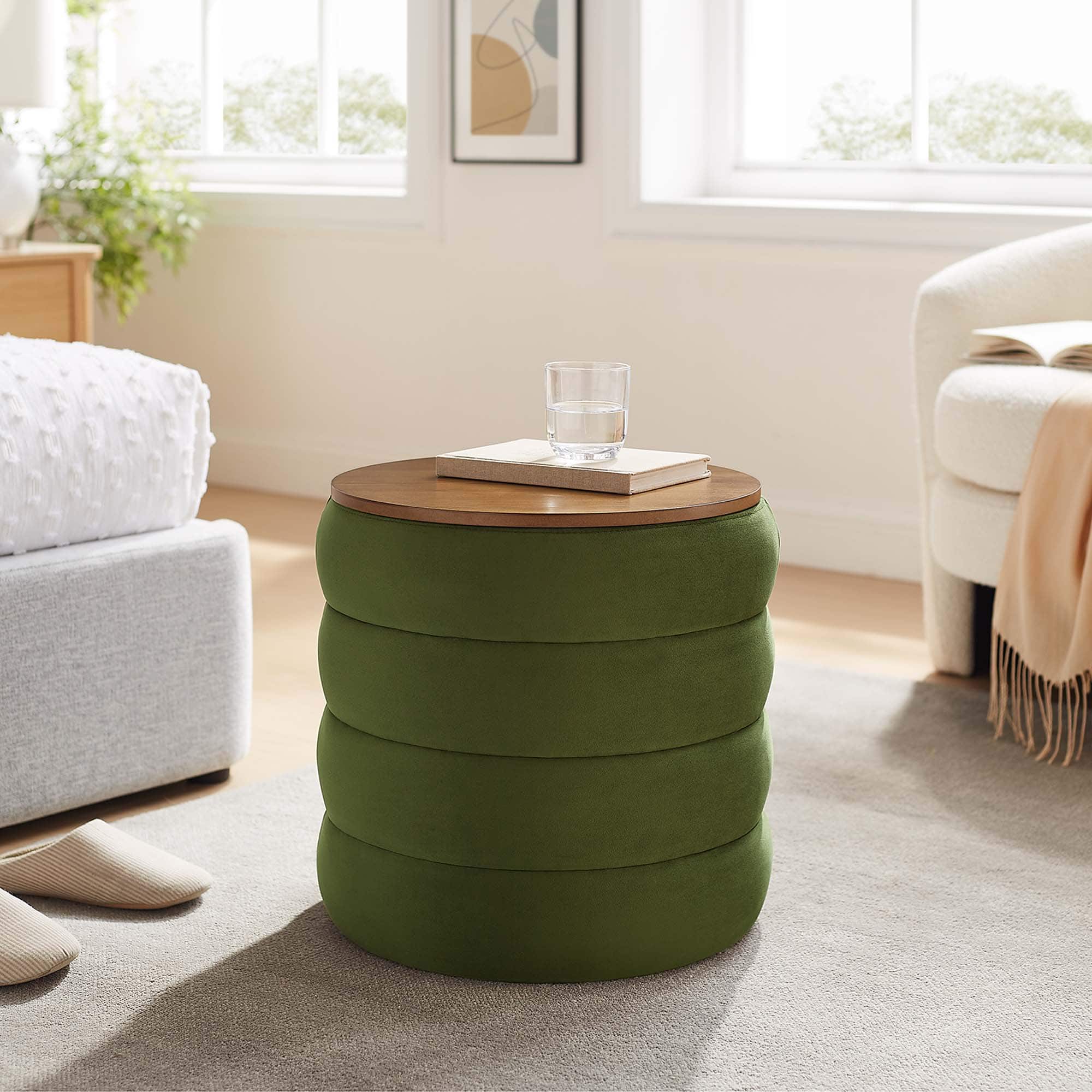 Mezzo Round Performance Velvet Storage Ottoman by Modway - Moss Green