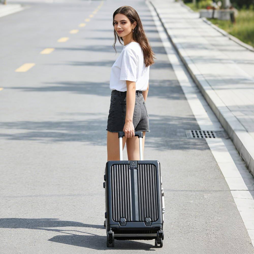 Angle. Quick Deer - 20 Inch Carry On Luggage with Front Pocket, Aluminum Frame Hardshell Suitcase with Spinner Wheels and Cup Holder - Black.
