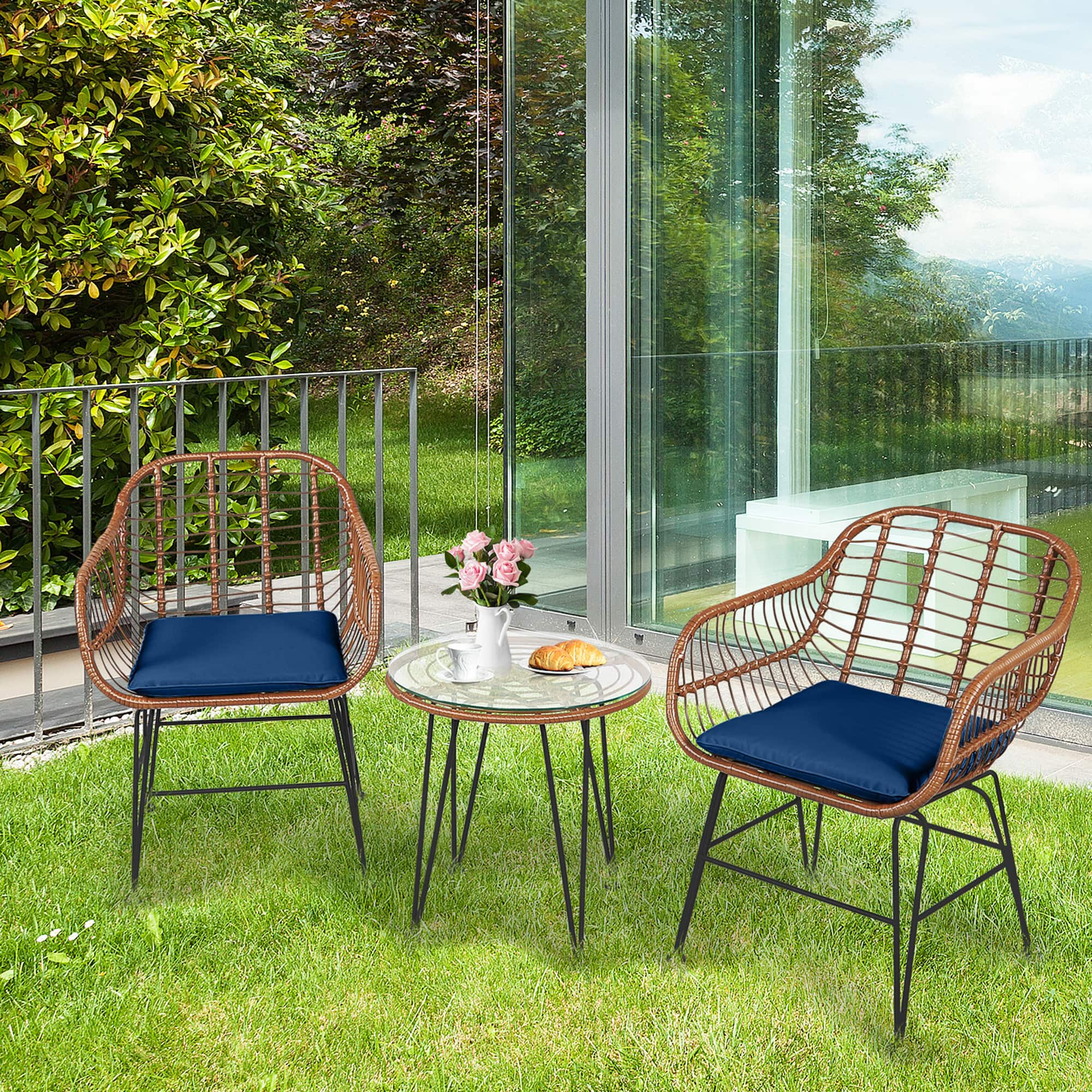 Gymax - 3PCS Rattan Patio Conversation Set Bistro Chat Set w/ Cushions - Navy