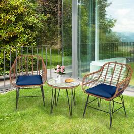 Gymax - 3PCS Rattan Patio Conversation Set Bistro Chat Set w/ Cushions - Navy