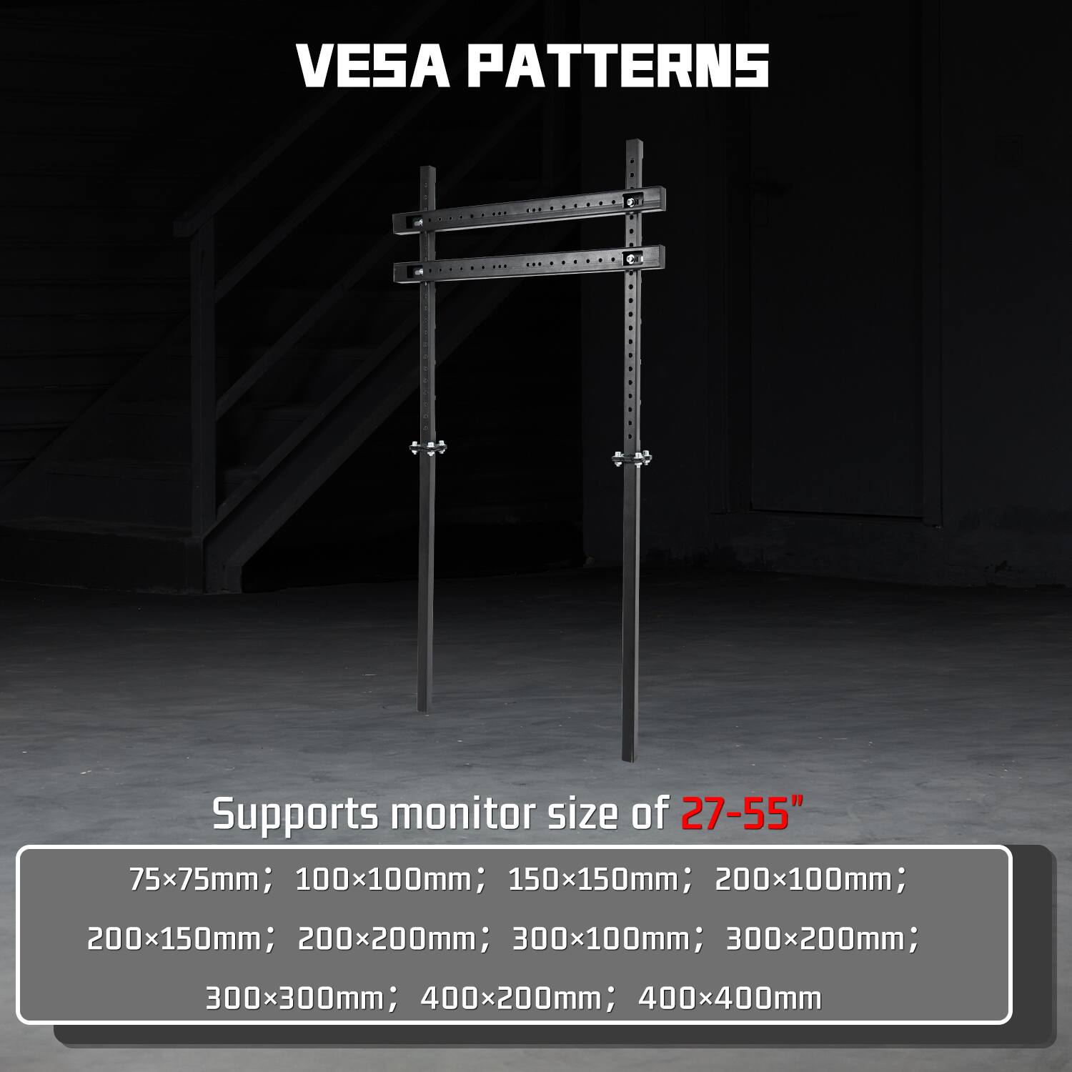 VESPA PATTERNS

Supports monitor size of 27-55" 75x75mm; 100x100mm; 150x150mm; 200x100mm; 200x150mm; 200x200mm; 300x100mm; 300x200mm; 300x300mm; 400x200mm; 400x400mm