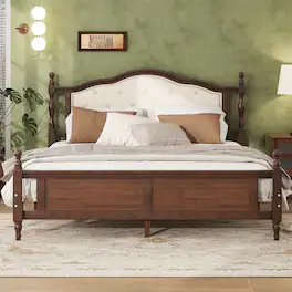 GOODSILO - Queen Size Wooden Bed with Upholstered Headboard and Panel Footboard Featuring Platform Support Feet - Walnut