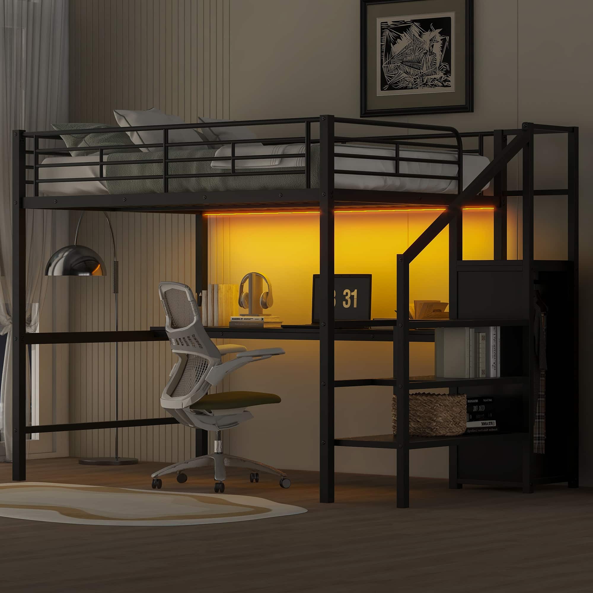 Anysun - Full Size Metal Loft Bed with Desk, Storage Staircase, Wardrobe & LED Light, Space-Saving Bed for Kids Room or Bedroom - Black